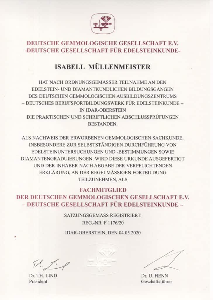 Zertifikat über Fachmitgliedschaft der Deutschen Gemmologischen Gesellschaft